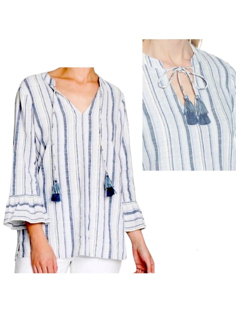 Nic + Zoe Linen Striped Split Neck Tassel Ruffle Cuff Top Blue White Nautical S